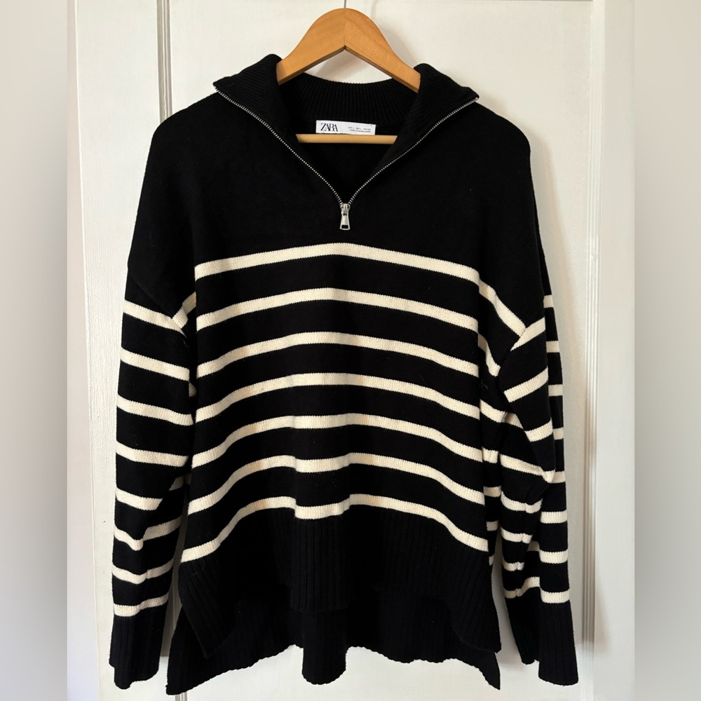 Zara Black and White Striped Quarter Zip Sweater